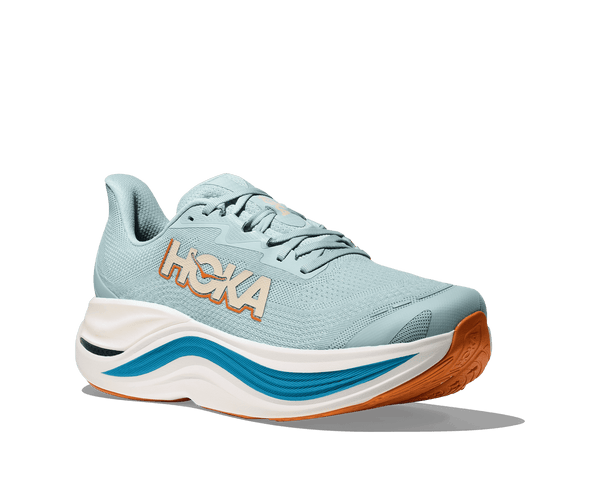 There is a thick medium blue line running through the middle of the midsole. 