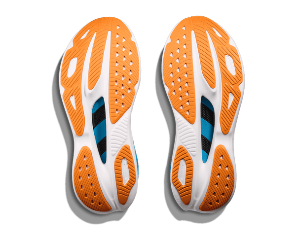 Bright orange rubber is used on the outsole of the shoe. 