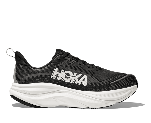 A pair of Hoka Skyflow running shoes in black color featuring a mesh upper and a durable outsole.