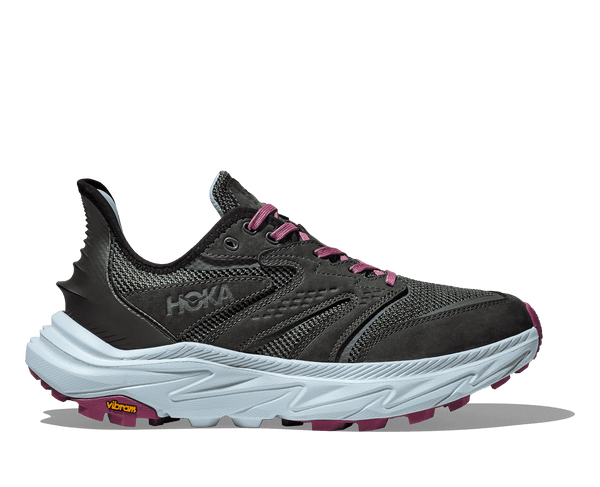 Black Hoka running shoe with pink accents on a transparent background