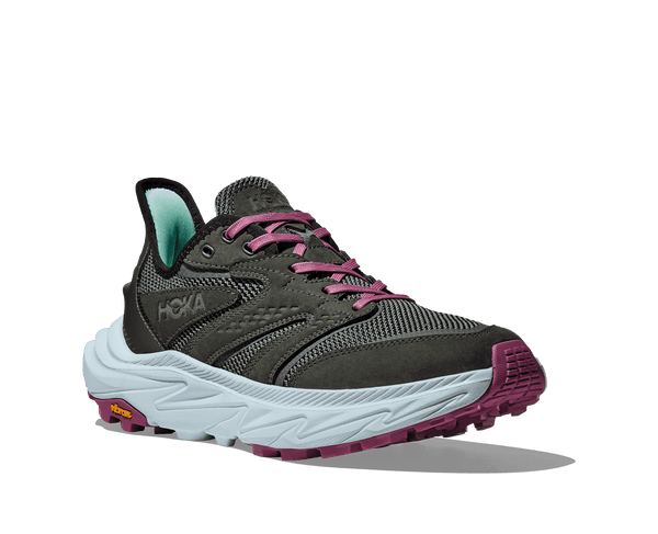Gray and purple running shoe with white sole on a transparent background