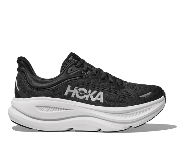This women's shoe from Hoka has an all black upper with a white midsole.