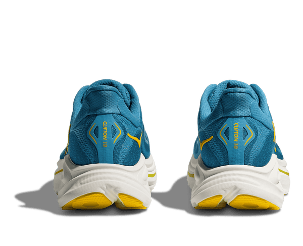 Clifton 10 is printed on the heel of the shoe in yellow lettering. 