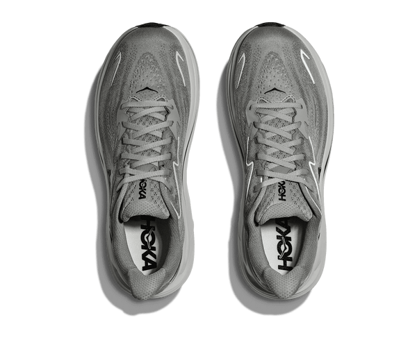 A birds-eye view of this shoe shows grey laces and insoles that match the upper. 