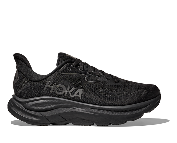 All black running shoe on a white background