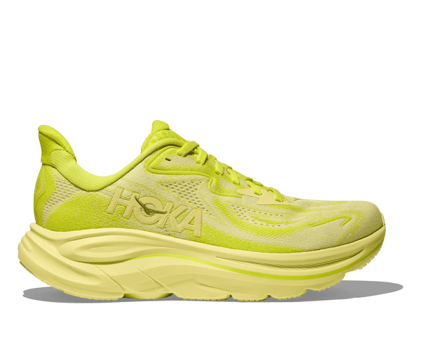This Clifton 10 has a monochromatic look with a bright yellow upper and midsole. 