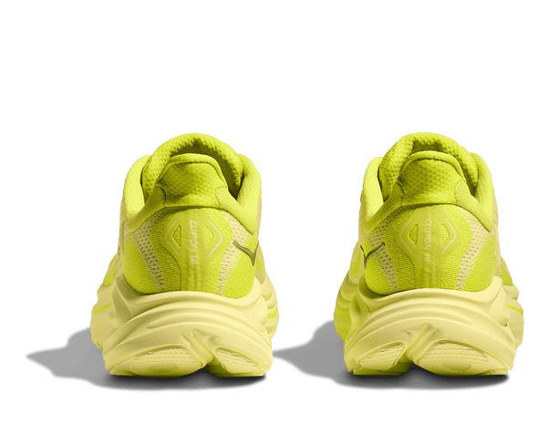 Clifton 10 is printed on the heel of the shoe in yellow lettering. 