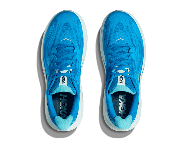 A birds-eye view of this shoe shows blue laces that match the upper and navy insoles. 