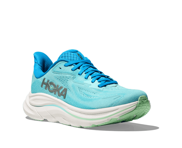 Hoka is stitched on the lateral side of the upper using grey thread. 