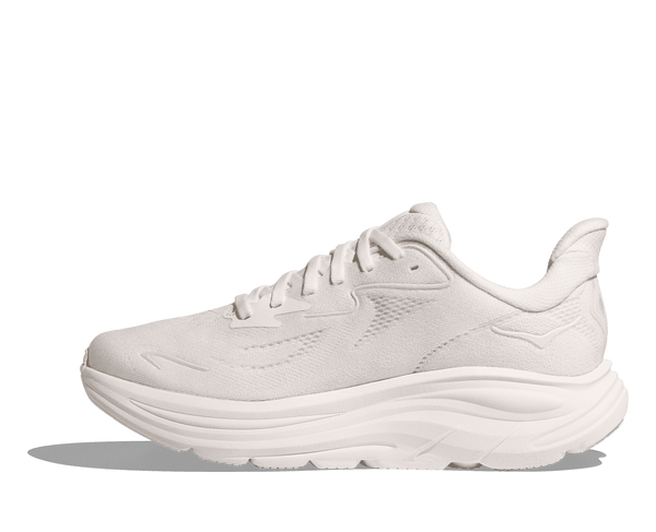 The Hoka logo is stitched on the medial side of the upper in white thread. 
