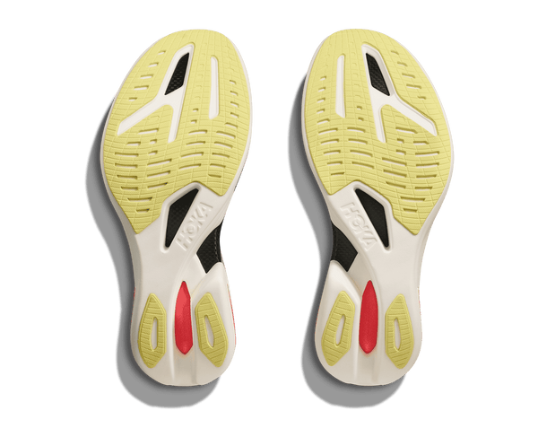 Yellow rubber is used on the outsole and you can see the black plate through the midsole. 