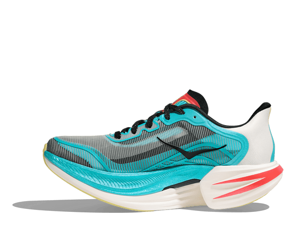The heel of this shoe is white while the toe leading back to the ankle is blue and  grey. 