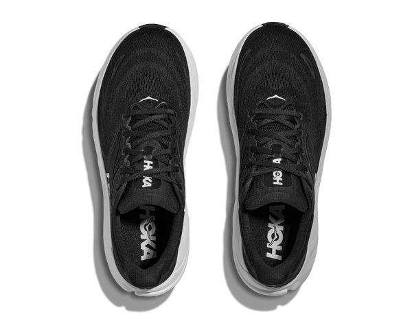 A birds-eye view of this shoe shows black laces and a black insole to match the upper. 