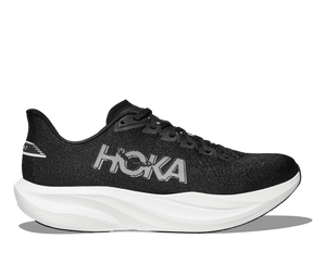 Black Hoka running shoe with white sole on a transparent background
