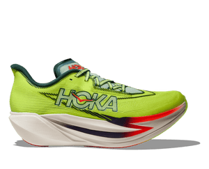 Green Unisex sized Hoka running shoe with Hoka branding on a transparent background