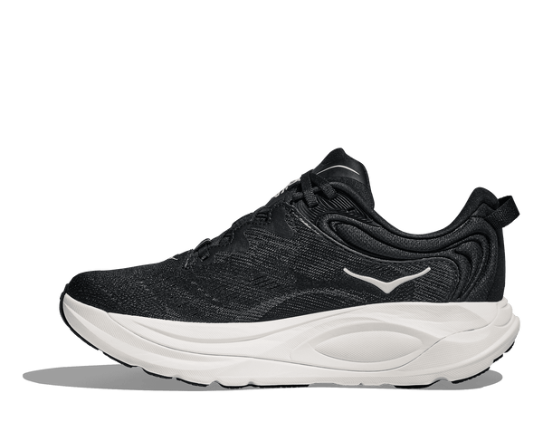 Black running shoe with white sole on a transparent background