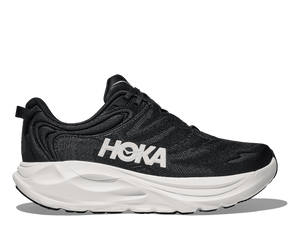Black running shoe with white sole on a transparent background