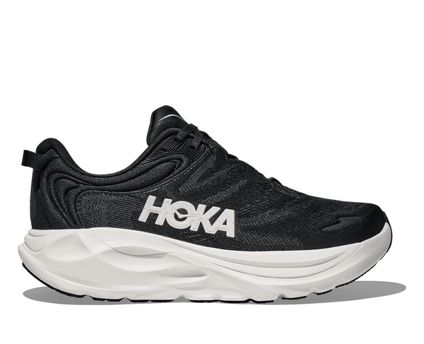 Black running shoe with white sole on a transparent background