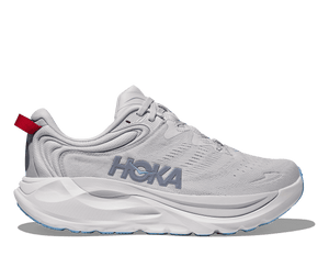 Gray running shoe with white sole on a transparent background