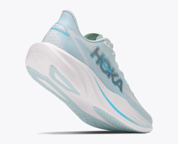 A Hoka running shoe in light blue and white, shown from a side profile view against a clean white background.