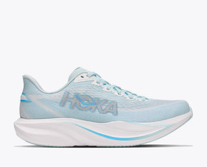 A HOKA running shoe in light blue and white, shown from the side against a light gray background.