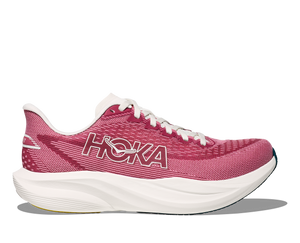 Pink running shoe with white sole on a white background