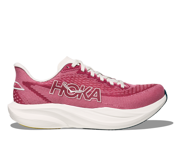Pink running shoe with white sole on a white background