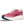 Pink running shoe with white laces on a white background