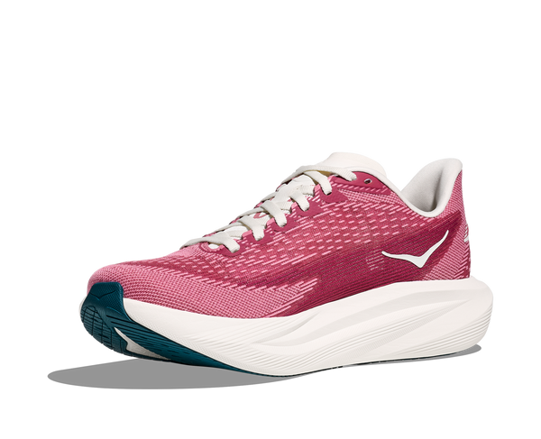 Pink running shoe with white laces on a white background