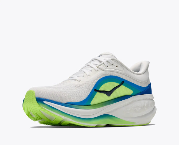 A white running shoe with a thick white midsole, featuring a vibrant lime green and blue gradient side accent with a black logo, and a bright lime green outsole.
