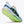 A Hoka running shoe in white, blue, and neon green, shown from a dynamic three-quarters angle against a light gray background.