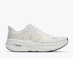 White running shoe with 'Hoka' branding on a white background
