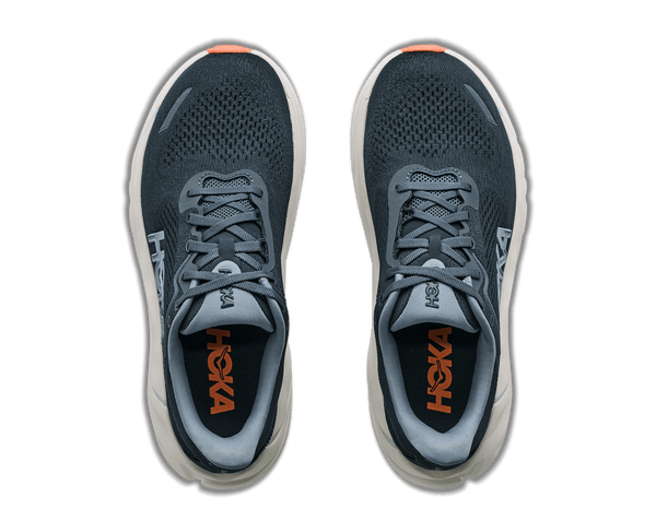 Navy blue running shoe with a white midsole on a white background