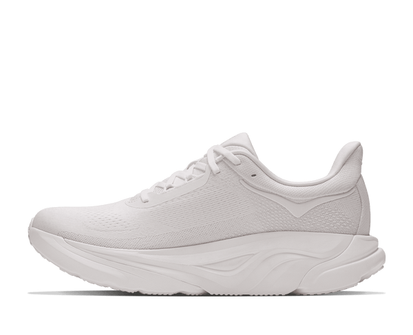 All white running shoe on a white background