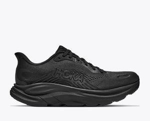 Black running shoe with Hoka branding on a white background