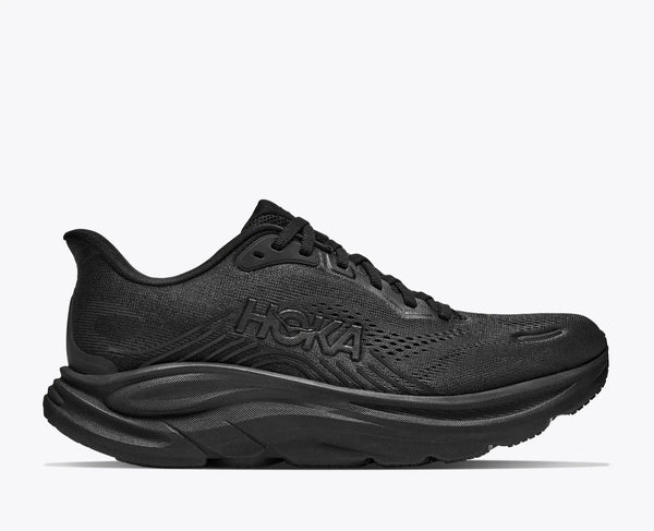 Black running shoe with Hoka branding on a white background