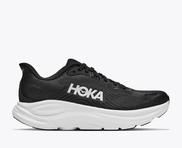 Black running shoe with black and white accents on a white background