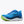 Blue running shoe with green sole on a white background