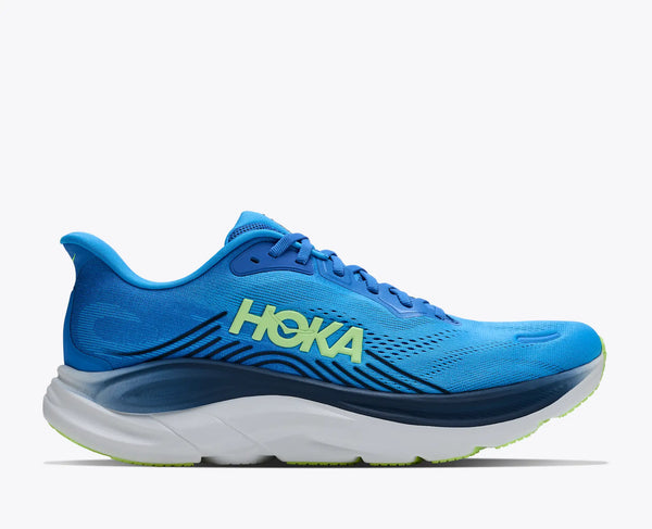 Blue running shoe with Hoka branding on a white background