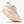 Beige running shoe with a white sole on a light gray background