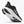 Black running shoe with white sole on a white background