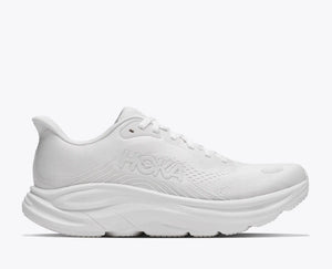 All white Hoka running and walking shoe for women.