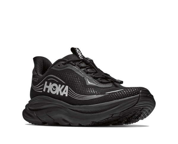 A black Hoka running shoe with a thick black sole, shown from a side profile on a white background.
