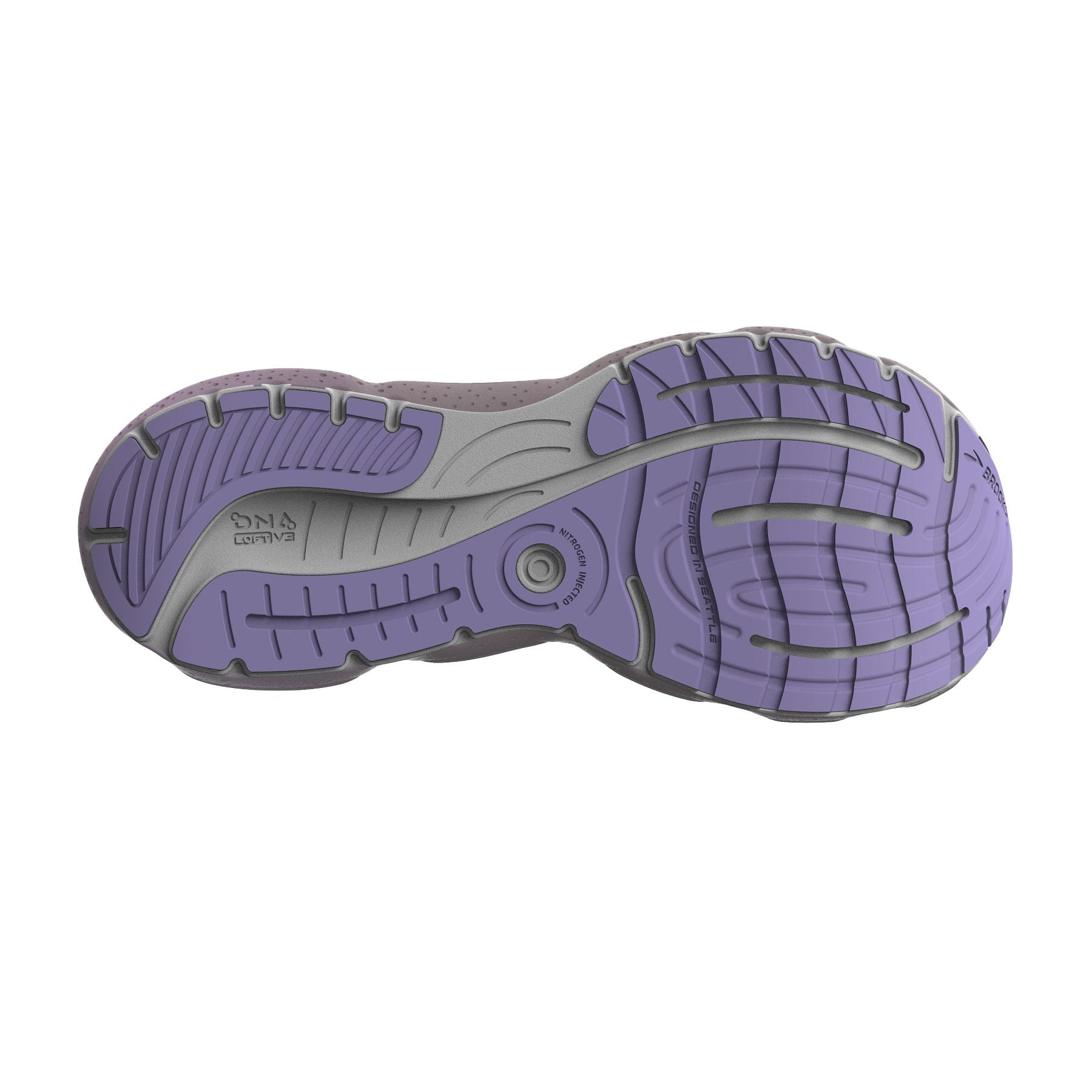 Bottom (outer sole) view of the Women's Glycerin 20 by Brooks in the color White/Orchid Lavender