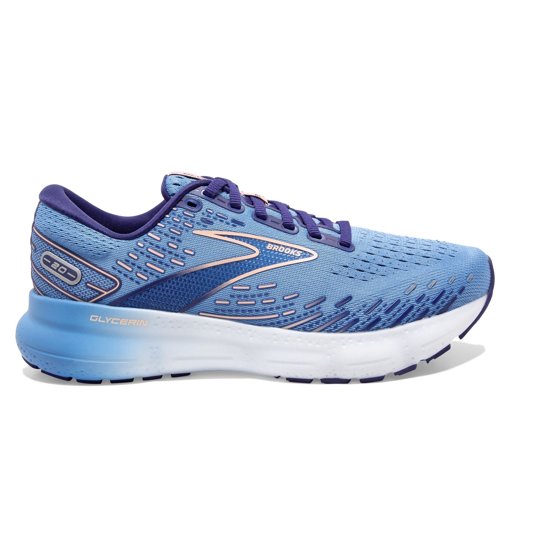 Lateral view of the Women's Glycerin 20 in Blissful Blue/Peach/White