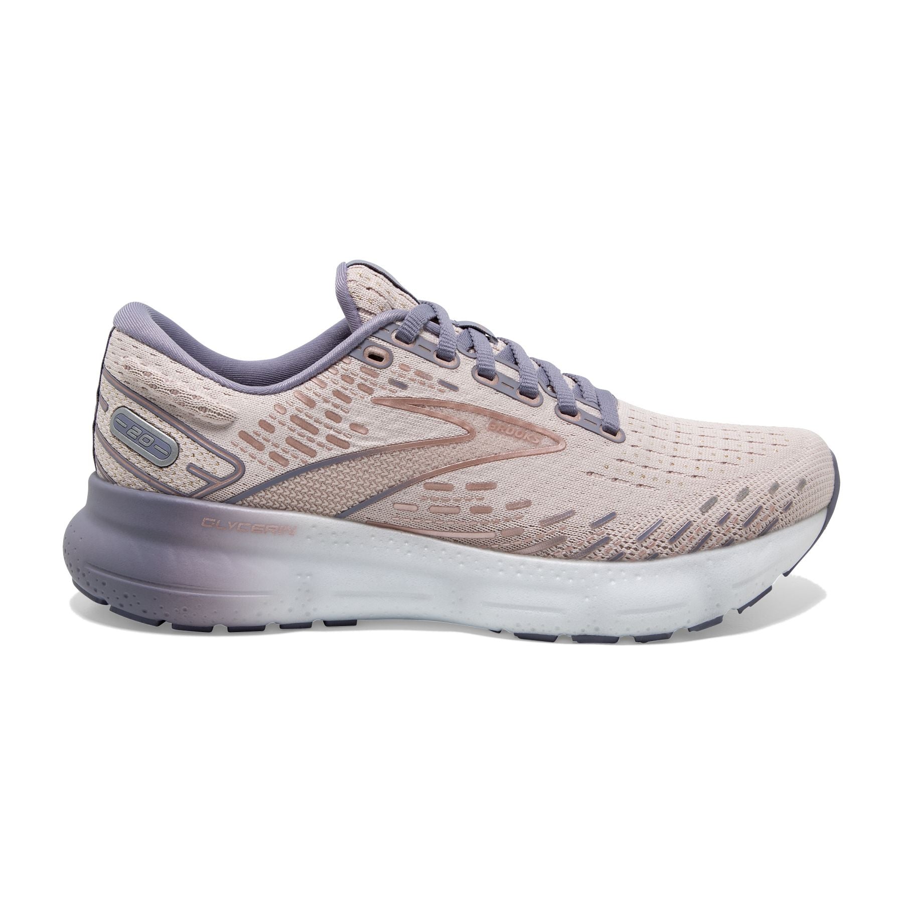 Lateral view of the Women's Glycerin 20 by Brooks in the color Lilac/Silver Bullet/Pink