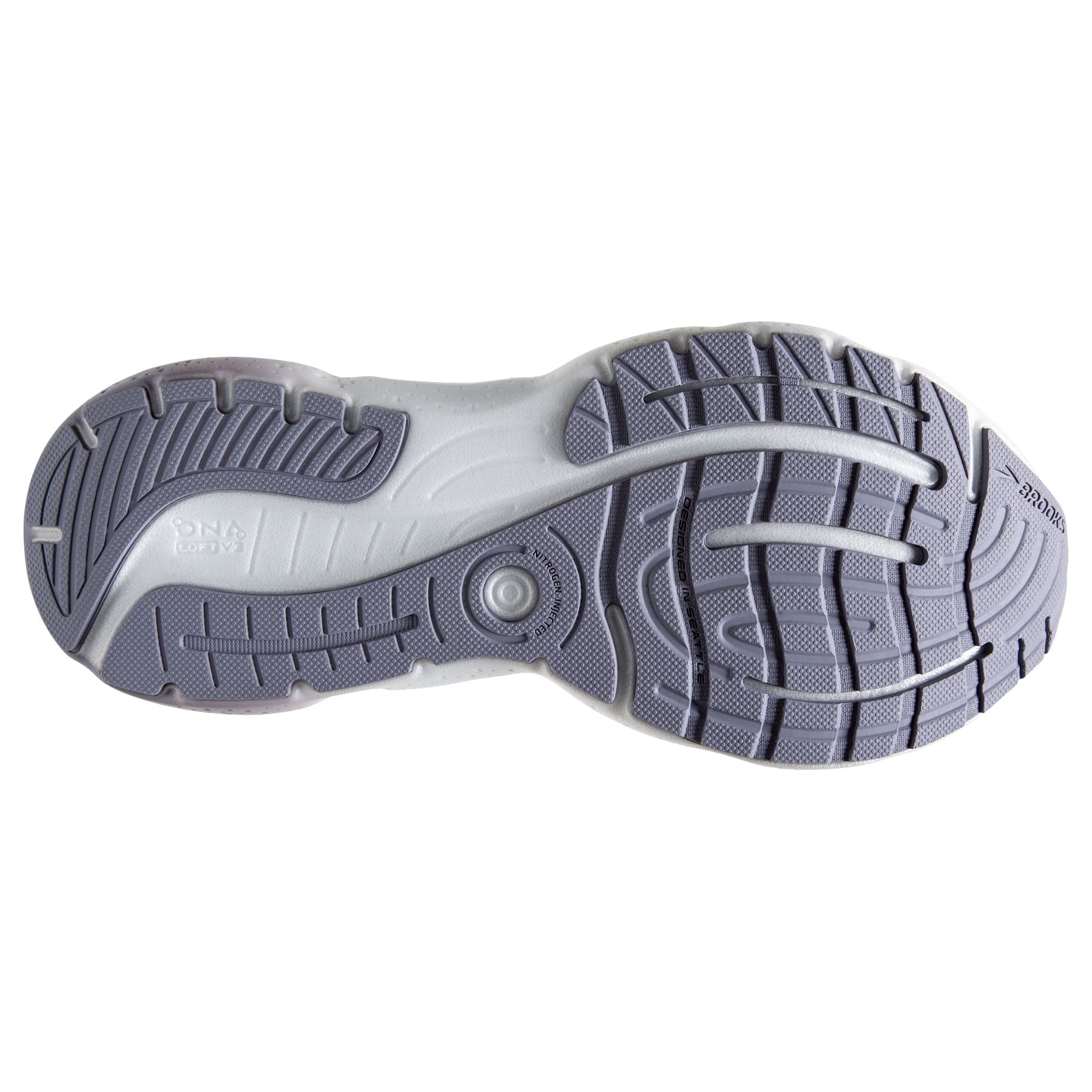 Bottom (outer sole) view of the Women's Glycerin 20 by Brooks in the color Lilac/Silver Bullet/Pink