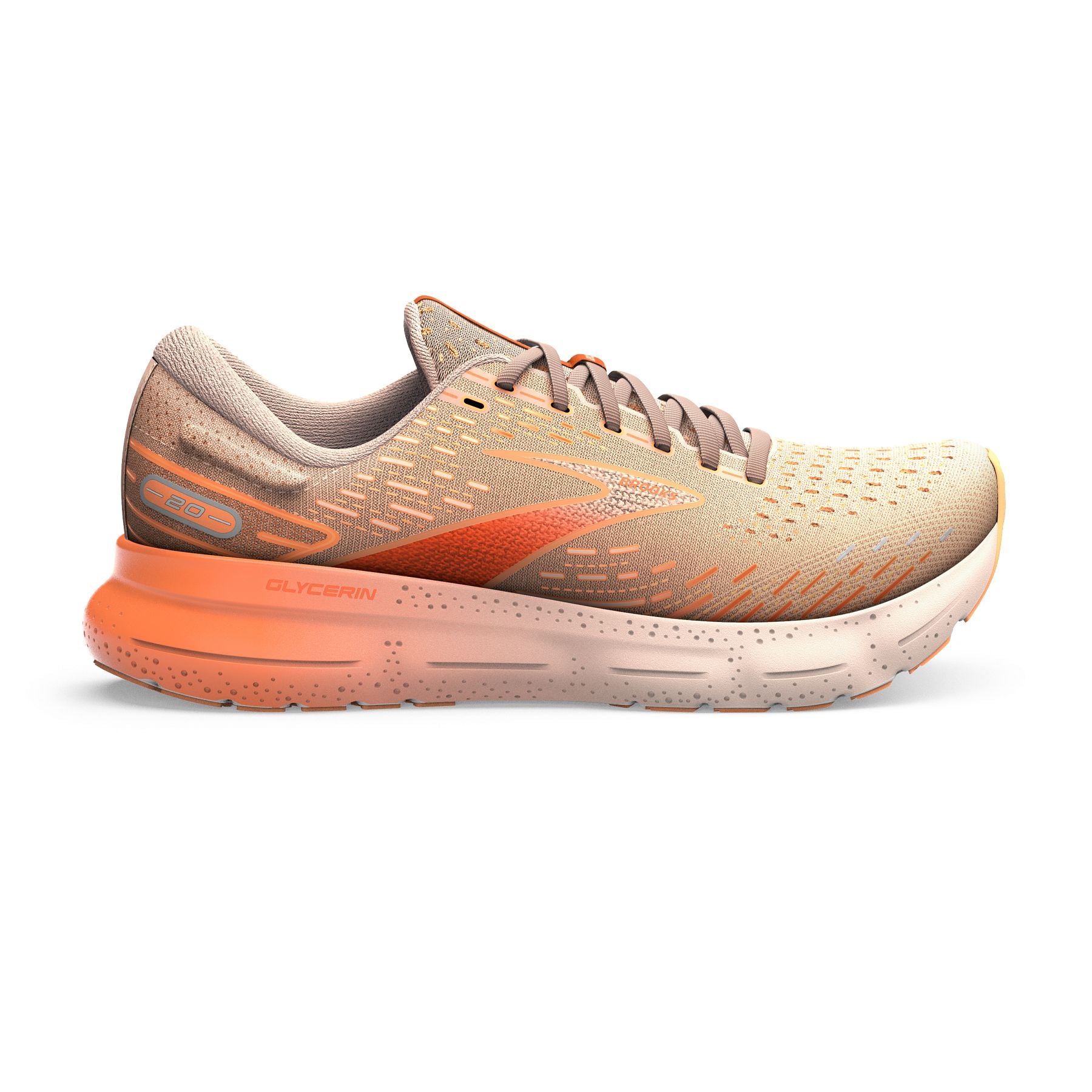 Lateral view of the Women's Glycerin 20 by Brook's in the color Peach/Tangerine/Orange