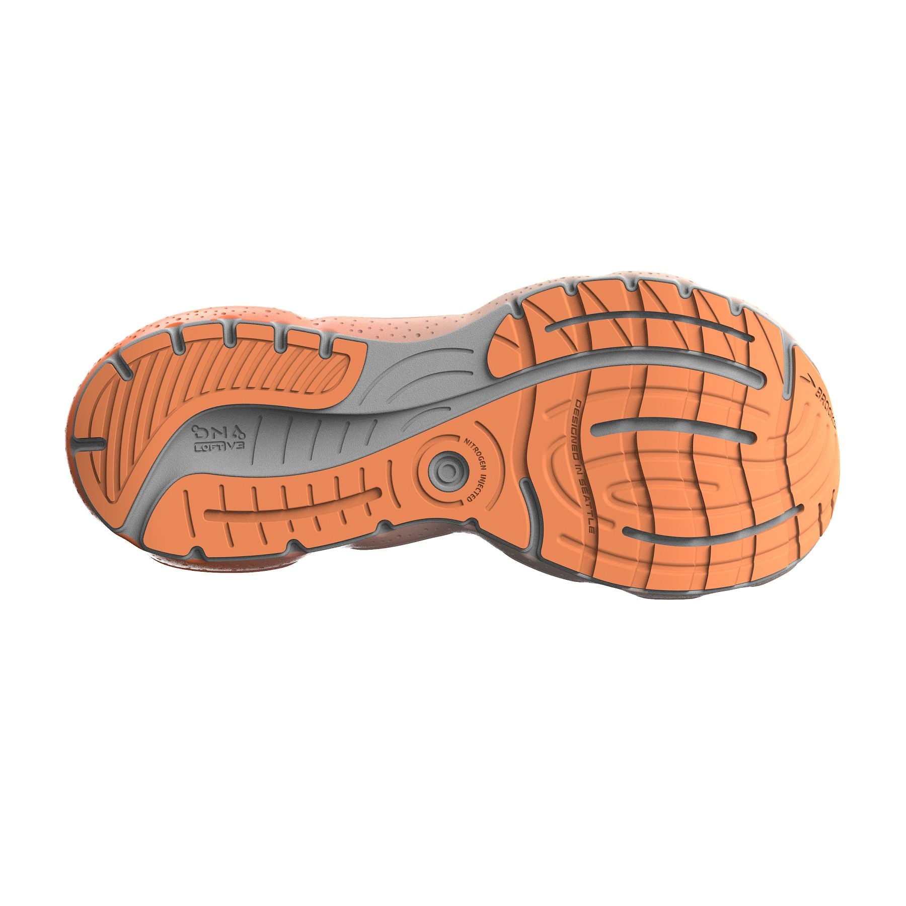 Bottom (outer sole) view of the Women's Glycerin 20 by Brook's in the color Peach/Tangerine/Orange