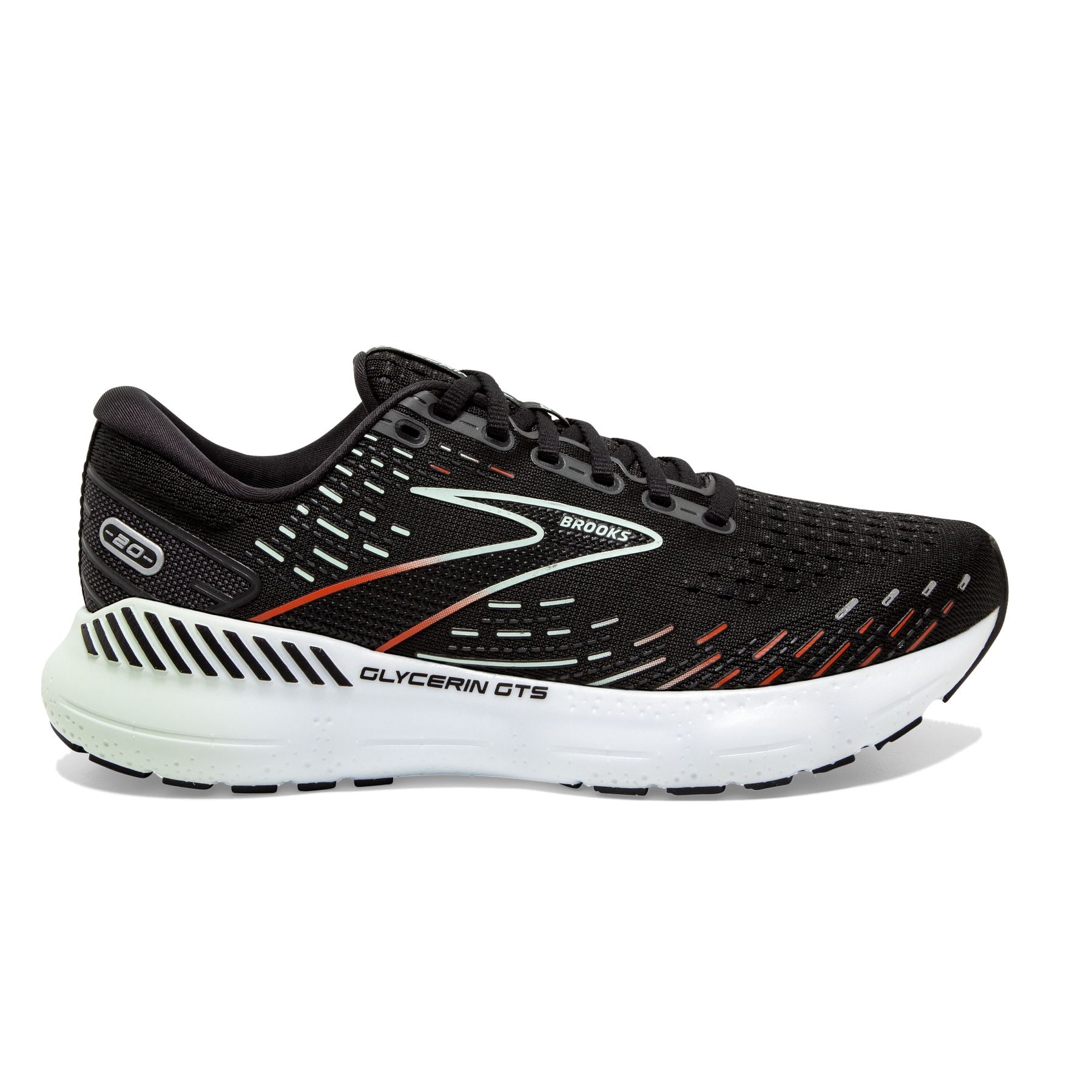 Lateral view of the Women's Glycerin GTS 20 in the color Black/Red/Opal